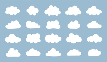 White flat clouds in blue sky. Puffy, fluffy, cumulus clouds on a blue background. Cloudy shapes mockup. Weather abstract simple elements template. Objects cloudscape layout.