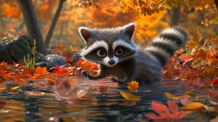Fototapeta premium Adorable Raccoon Playing in Autumn Leaves Water