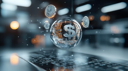Digital dollar symbols and virtual coins floating in a futuristic, hightech environment