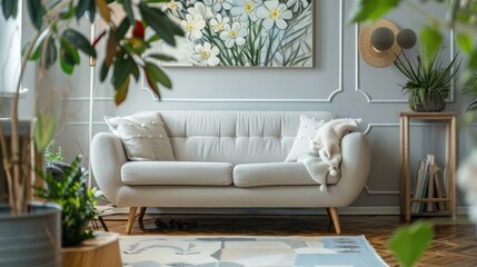Floral arrangement in stylish living room with cozy couch and modern art deco