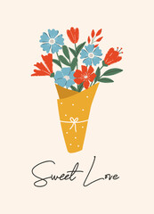 Sweet Love Valentines day greeting card. Beautiful bouquet on a light background. Valentine's day, February 14, love concept. Vector drawings for postcard, card.
