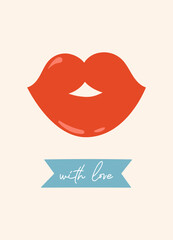 With Love Valentine's Day greeting card. Red lips on a light background. Valentine's day, February 14, love concept. Vector drawings for postcard, card.