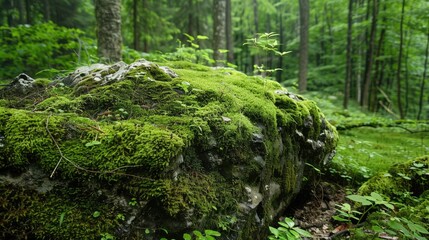 Forest stone covered in green moss with wide space for design.