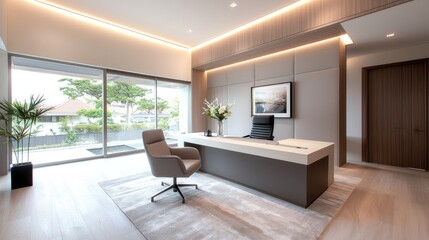 Fototapeta premium Modern home office with large window, garden view