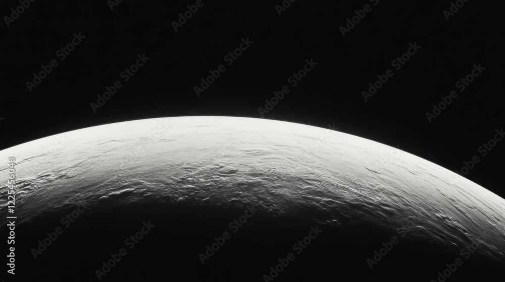 Poster a grayscale image showcasing a portion of a celestial body's atmosphere, revealing a textured surfac