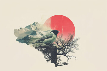 Surreal artwork collage blending a bird perched on a branch with mountains and a red sun's minimalist aesthetic.