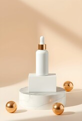 White cosmetic dropper bottle, minimalist product display, cylindrical pedestal, golden spheres, soft beige background, shadows, clean aesthetic, luxury skincare, elegant composition, studio lighting