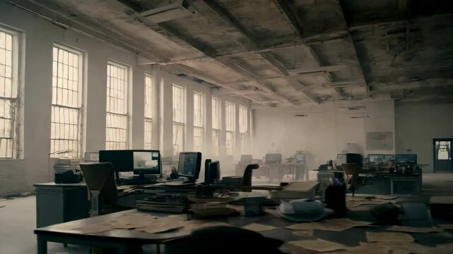 The office room atmosphere is abandoned, dirty and dusty