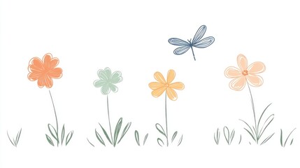 Cute, simple doodle featuring three flowers and one dragonfly flying in the sky. Simple line art with pastel colors on a white background, in a clipart style.