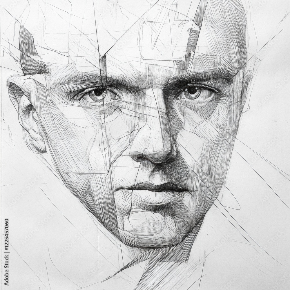 Poster artistic sketch of a fragmented male face with intricate line work and expressive features. generati
