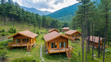 Obraz premium Summer holidays poster with forest landscape with road and mountains on horizon. Travel tour flyer of rest at nature. Vector banner with cartoon illustration with coniferous trees and highway