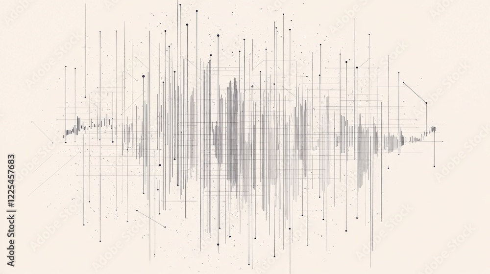 Poster abstract gray lines and dots forming a wave pattern on a beige background.