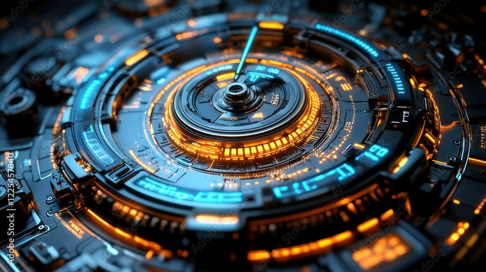 Aufkleber futuristic technology: abstract 3d render of a complex cybernetic mechanism with glowing orange and 