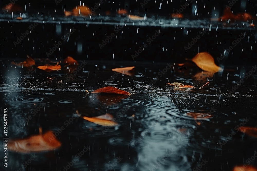 Poster raindrops fall on a dark surface, scattered with autumn leaves, creating a serene and moody atmosphe