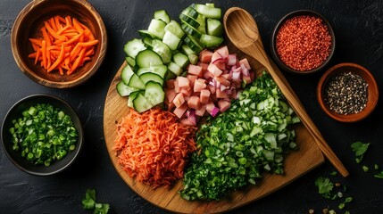 Flat lay of layered salad with red rice, vegetables, and herbs for fresh healthy meal inspiration.