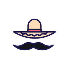 Mexican Sombrero and Mustache Icon - Flat Vector Illustration Representing Traditional Costume and Cultural Elements for Festive Designs