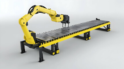 Fototapeta premium Yellow robotic arm on conveyor belt, factory automation