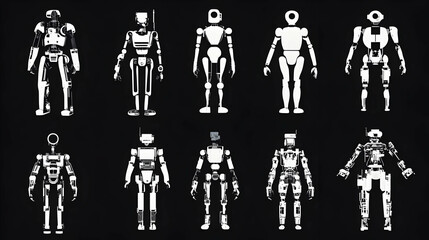 Robot designs, various poses, dark background, concept art, tech illustration