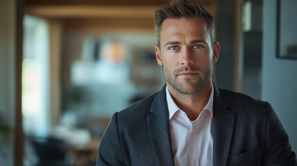 Obraz premium A confident male professional with short-cropped hair, wearing a dark gray jacket over a pastel shirt, standing against a softly blurred minimalist interior, captured from the waist up with clear