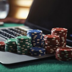 Naklejka premium Laptop With Stacks of Poker Chips on Green Felt --v 6.1 Job ID: 05873303-0d6f-4e9b-a07a-bad01089e454