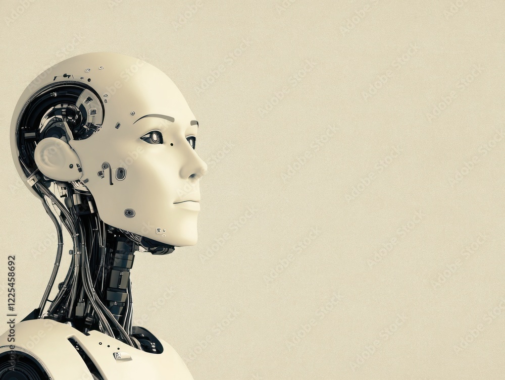 Poster futuristic humanoid robot profile in a neutral background, showcasing advanced technology and design