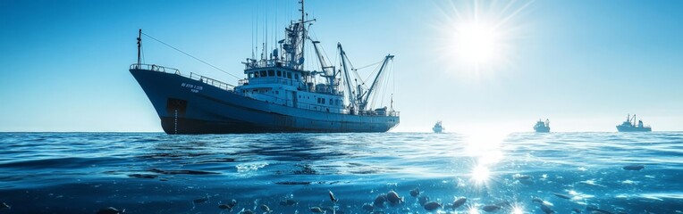 A dramatic split-view image of fishing boats and marine life, symbolizing sustainable fishing and oceanic exploration under a dynamic sky.