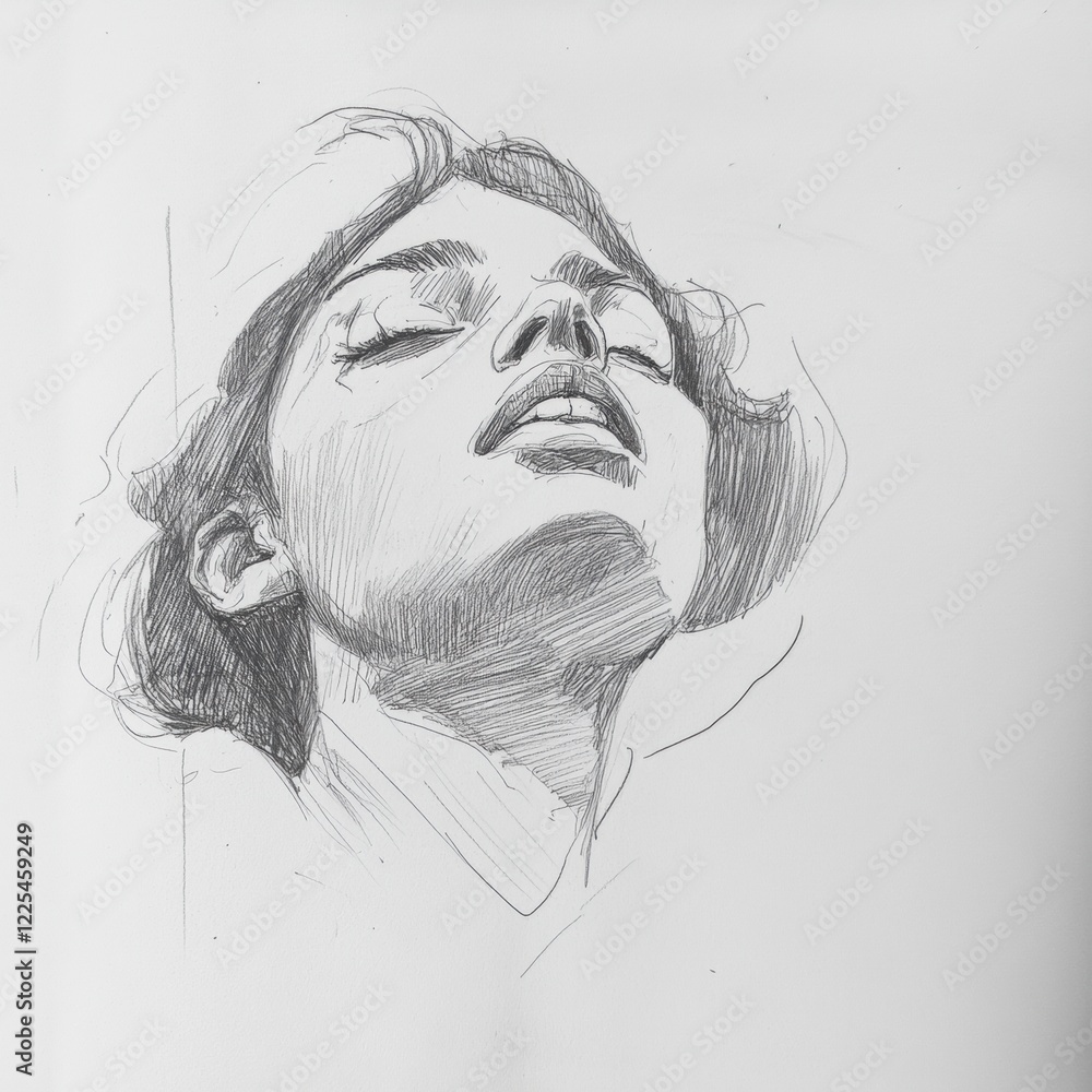 Poster expressive sketch of a woman with closed eyes and serene expression captured in soft pencil strokes.