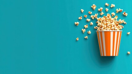 Delicious popcorn spilling from a striped orange and white paper cup on a vibrant turquoise background, perfect for movie nights or snack time imagery