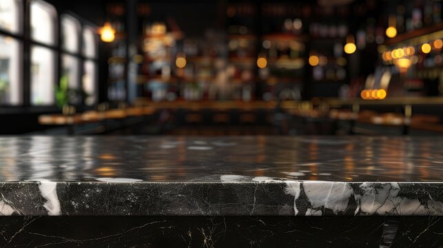 Mockup of black marble bar counter with product placement on dark, blurred restaurant background.
