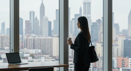 Businesswoman Contemplating Cityscape from Office Window