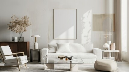 Modern living room decor template with mock-up poster frame, chic sofa, glass table, trendy lamp, white chair, contemporary sideboard, and personal accents.