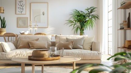 Modern living room decor with a beige sofa, wooden table, and modern home accents. Empty space for text. Dining area visible.