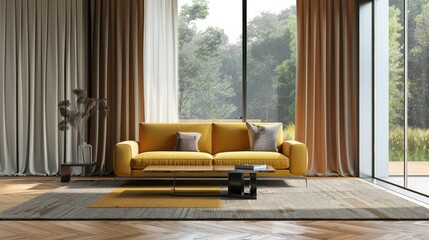 Modern Open Space Interior Design with Yellow Sofa, Grey Carpet, Coffee Table, and Brown Curtains on Herringbone Parquet Template
