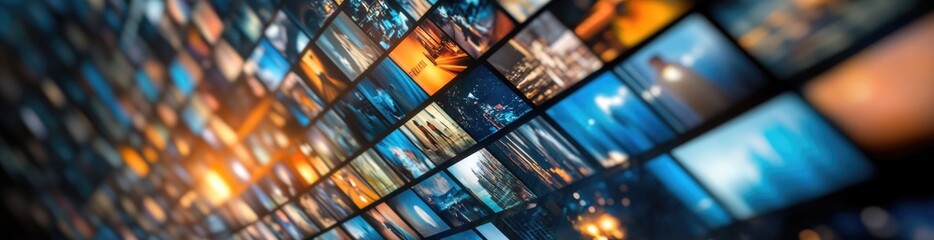 Numerous colorful panels showcase various media content in a contemporary setting, highlighting the dynamic nature of digital streaming experiences during a lively viewing session