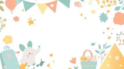 Adorable Baby Shower Card with Essential Items for Celebrating a Newborn, Featuring Cute Design Elements and Copy Space, Wide-Angle View