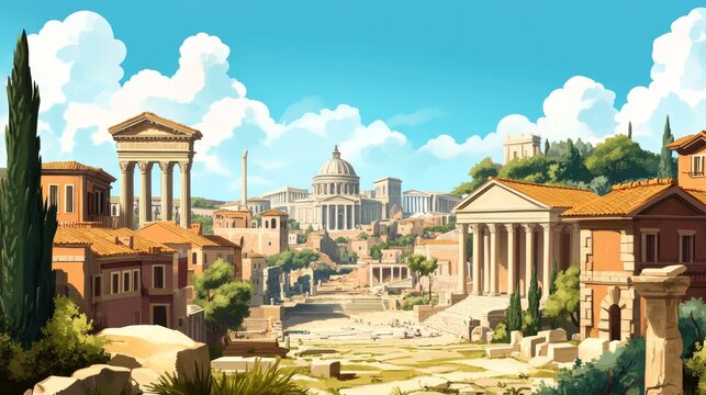 Ancient Rome city, isometric cartoon seasons cityscape Capitol, basilica with square, Castrum, Medicorum, Harbor, Roman Amphitheater, forum, taberna and insula buildings, Vector architecture