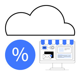 Cloud integration with e-commerce dashboard displaying ads, emails, and financial icons. Ideal for online shopping, cloud computing, e-commerce, digital marketing, data storage, sales promotions