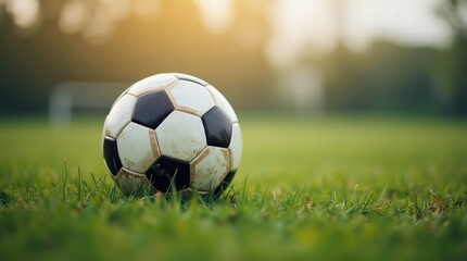 Fototapeta premium Close-up of a soccer ball resting on a grassy field