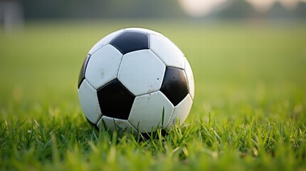 Fototapeta premium Close-up of a soccer ball resting on a grassy field