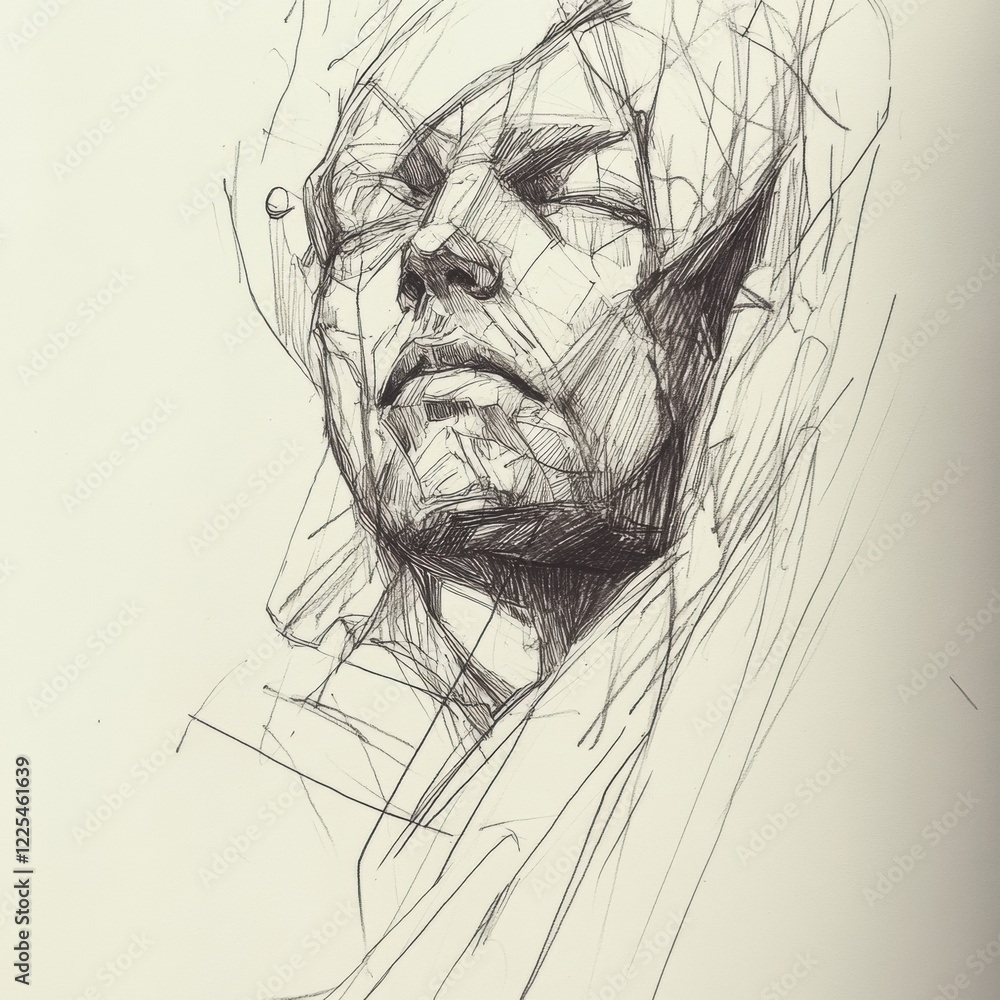 Poster abstract sketch of a human face with geometric lines and shading, focusing on facial expression and 