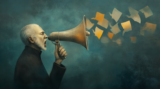 Man with megaphone, world press freedom day, censorship, free speech and journalism, censored media, discrimination of opinion