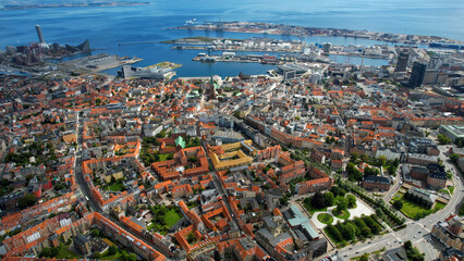 Aerial panorama shot around the old town of the city Aarhus in Denmark on a sunny summer noon