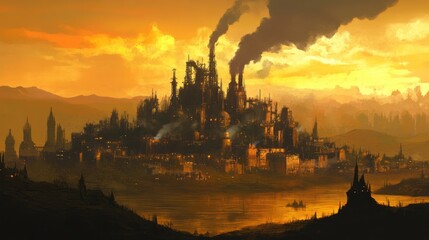 Naklejka premium Industrial Cityscape at Sunset Golden Hour