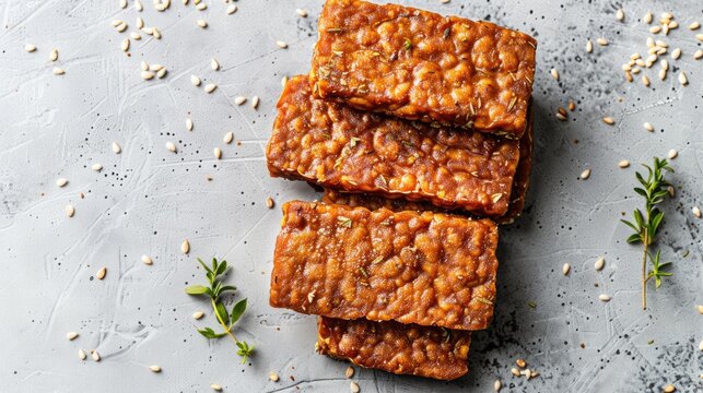 Raw tempeh slices marinated in seasoned brine before frying on a gray backdrop