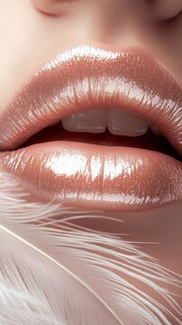 A sensual close-up of feminine lips with a glossy sheen, gently caressed by delicate feathers, creating a soft and ethereal vibe.