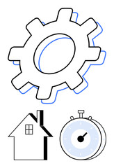 Gear for mechanics and process, stopwatch for time, house for home. Ideal for teamwork, organization, efficiency, productivity, time management, home systems abstract line flat metaphor