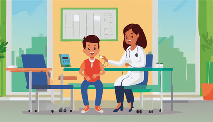 Child in pediatrician's office. Doctor in white specialist coat is working with patient