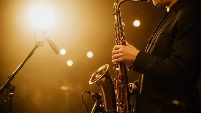 Saxophonist performs soulful jazz during an intimate evening concert at a cozy venue in the city