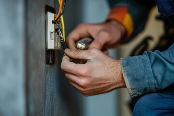 Fototapeta premium Focused Electrician in Hard Hat Working with Wiring in Industrial Setting, Generative AI