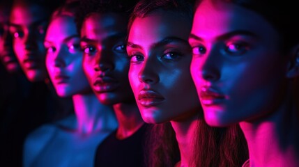 Blue team of cyber security professionals standing together in dark room lit by blue pink neon lights
